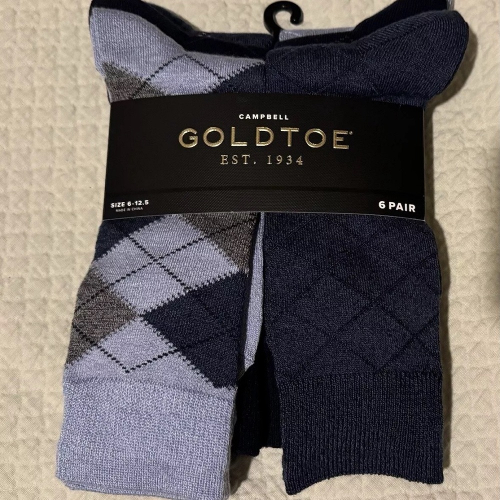 Gold Toe Campbell Argyle Crew Socks - 6 Pack New  Blue Dress Casual Socks